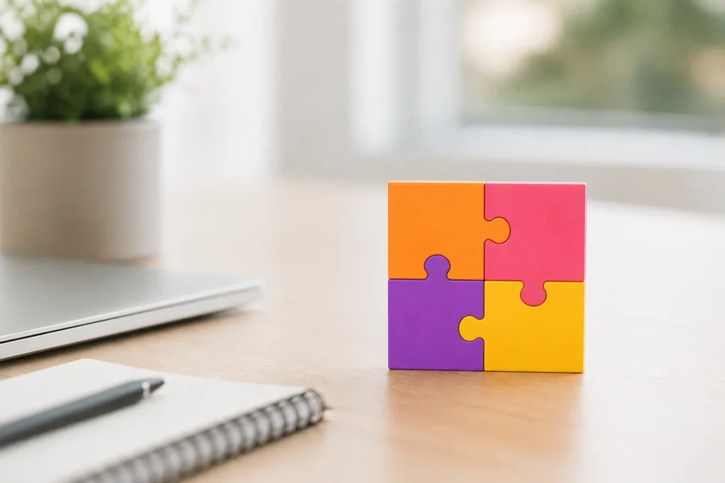 Four colorful puzzle pieces fitted together representing the 4 Sales Ecosystem processes united in one all-in-one Shopify platform