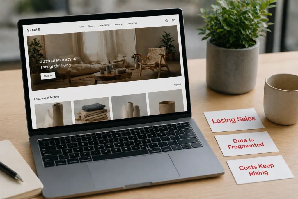 A Shopify online store on a laptop with warning cards beside it reading Losing Sales, Data Is Fragmented and Costs Keep Rising representing the damage of App Bloat
