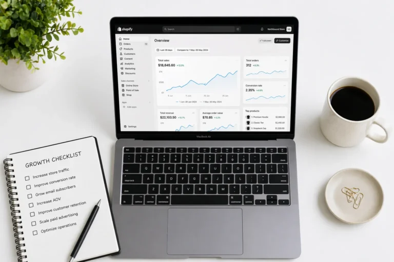 A Shopify admin dashboard on a laptop with a step-by-step checklist for building a Sales Ecosystem