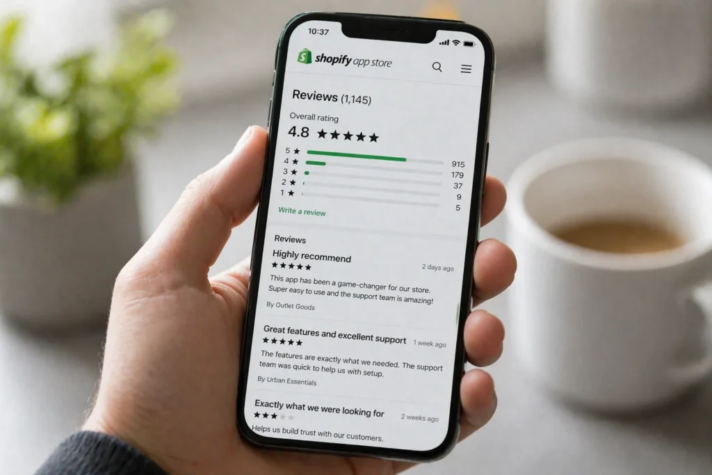 A merchant reviewing Shopify App Store ratings and reviews to choose the right loyalty program app