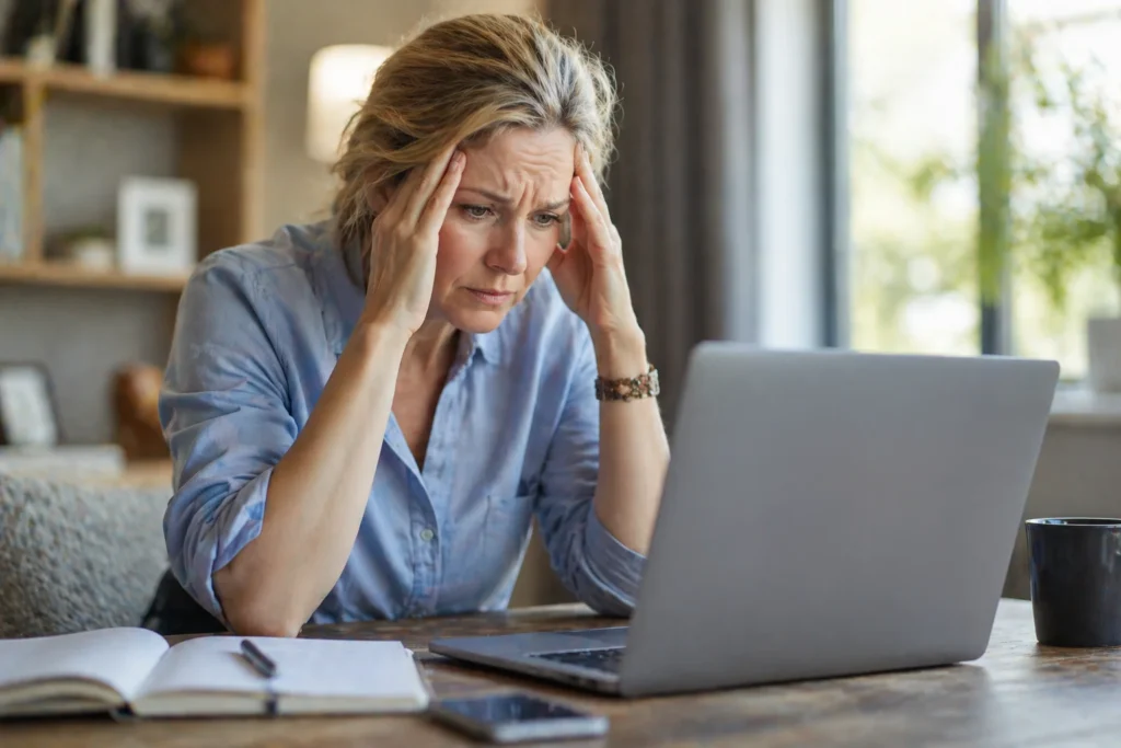 An overwhelmed Shopify merchant holding her head in frustration while managing too many apps on a laptop
