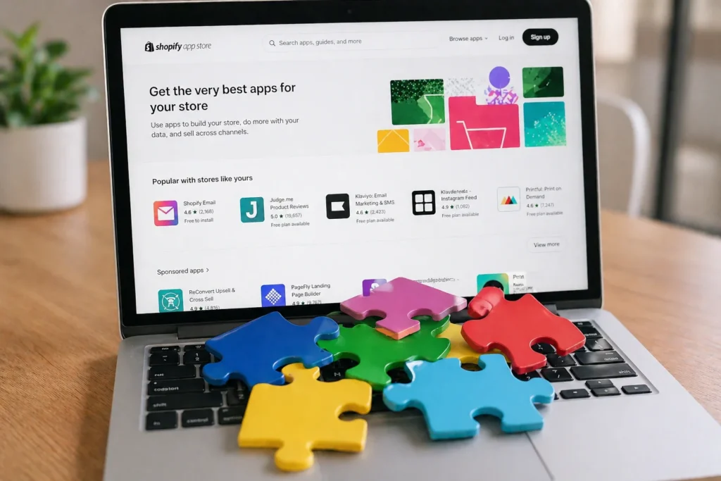 Jigsaw puzzle pieces piled on a laptop keyboard showing Shopify App Store representing App Bloat from too many apps