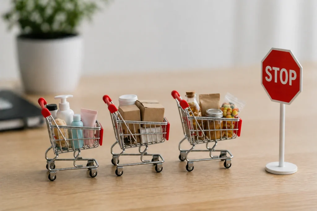 Three miniature shopping carts filled with goods lined up facing a stop sign representing a Shopify store blocked by App Bloat