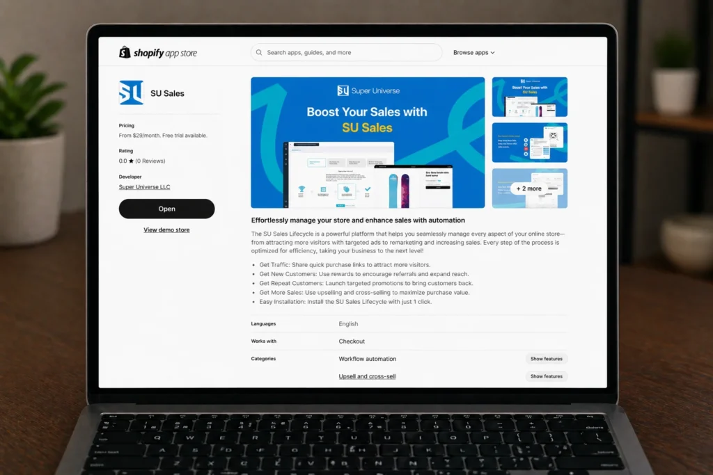 SU Sales app listing on Shopify App Store displayed on a laptop screen representing the ideal all-in-one app for a leaner Shopify stack