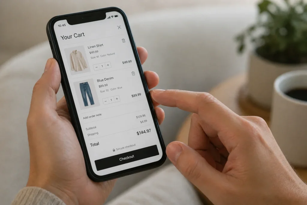 A customer browsing an online shopping cart on a smartphone with items added but hesitating before checkout
