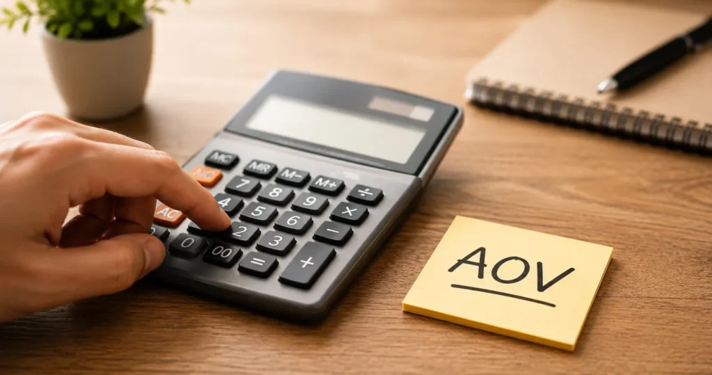 A hand using a calculator next to a sticky note with "AOV" written on it — illustrating how to calculate average order value on Shopify