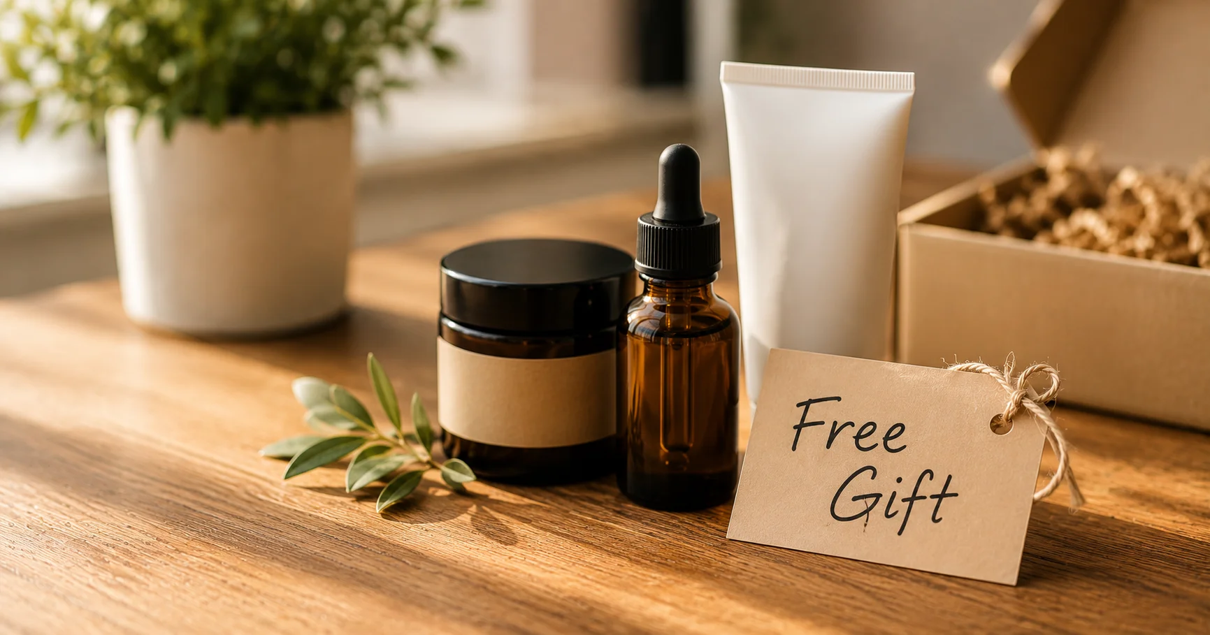 Skincare products arranged on a wooden desk with a Free Gift tag — illustrating a free gift with purchase strategy to increase Shopify AOV