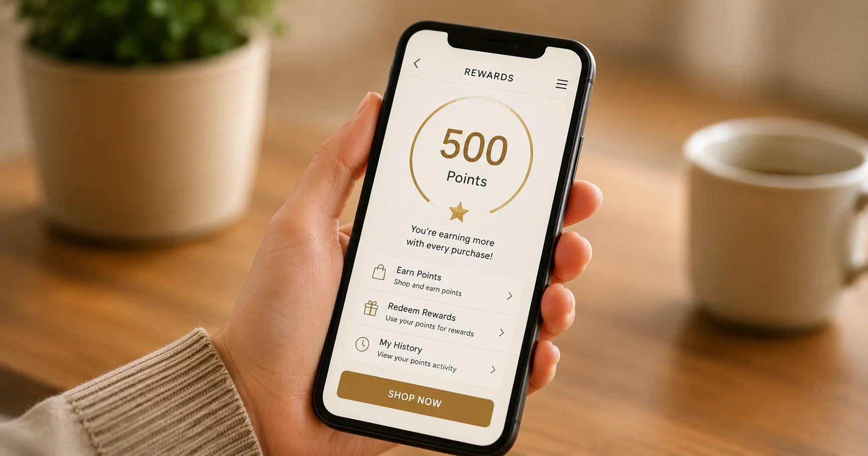 A hand holding a smartphone displaying a loyalty rewards screen with 500 points — illustrating how loyalty points and bonus points increase Shopify AOV