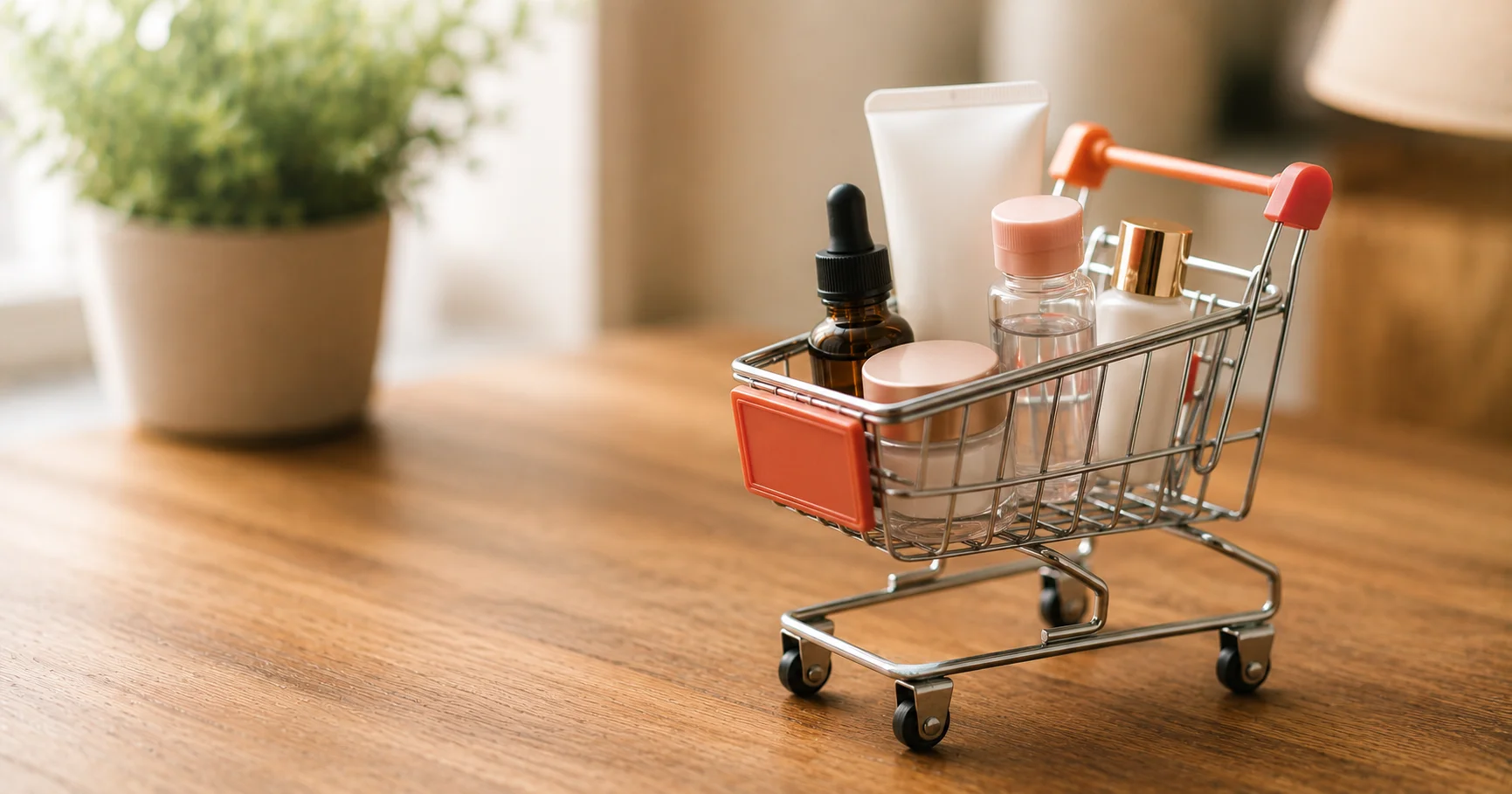 Miniature shopping cart filled with multiple skincare products on a wooden desk — illustrating a product bundle strategy to increase Shopify AOV