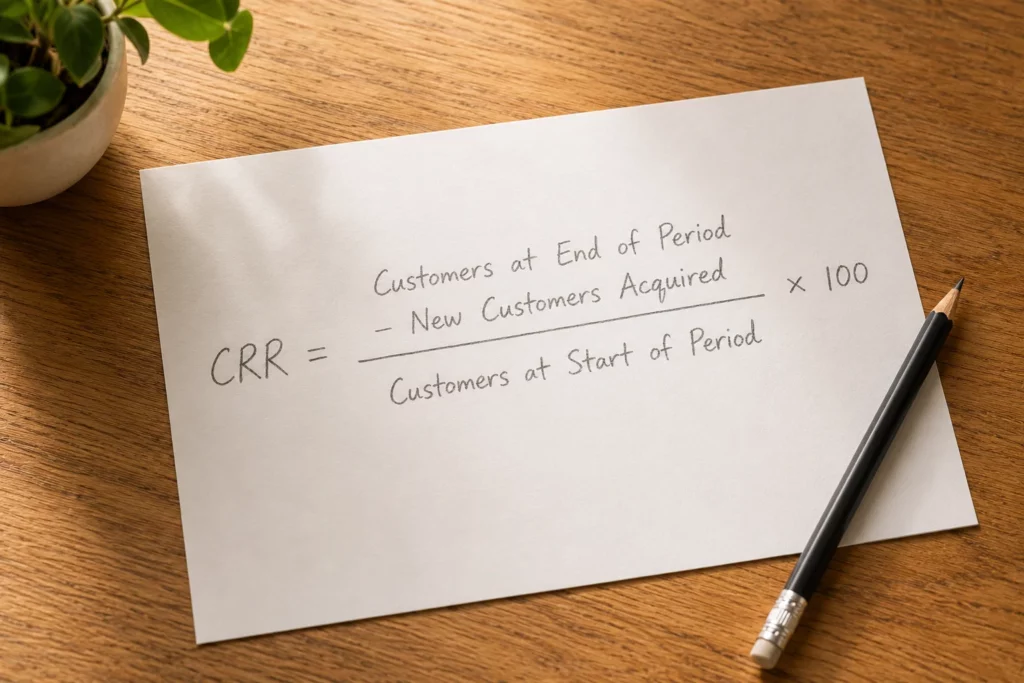A handwritten CRR formula on white paper on a wooden desk — showing how to calculate customer retention rate for a Shopify store