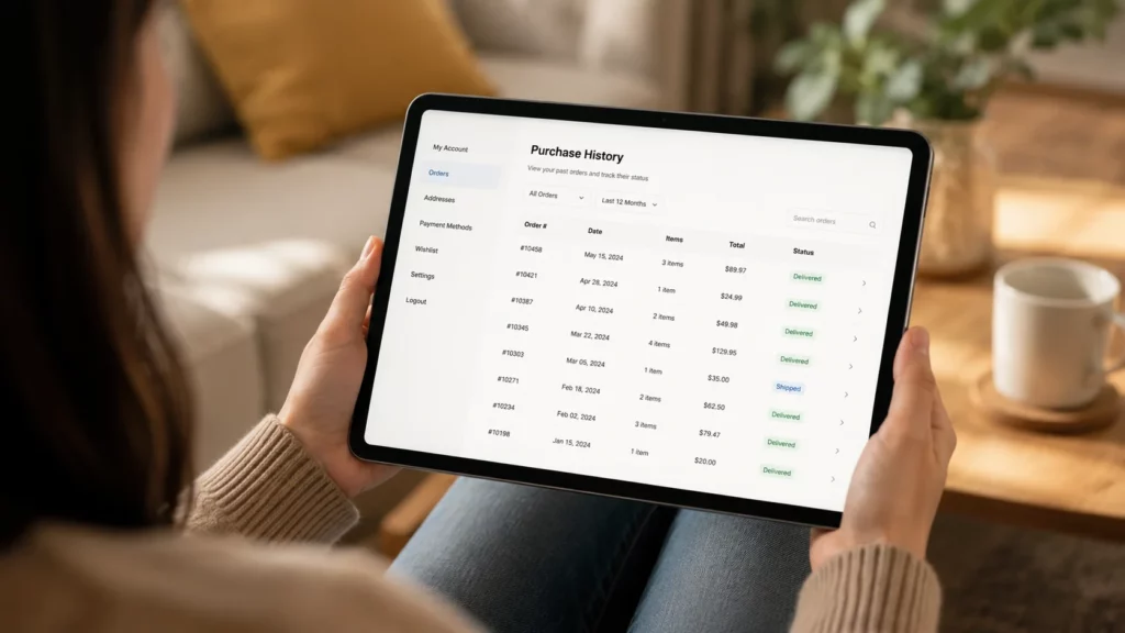 A customer at home viewing her purchase history on a tablet showing multiple repeat orders — illustrating what customer retention looks like for a Shopify store