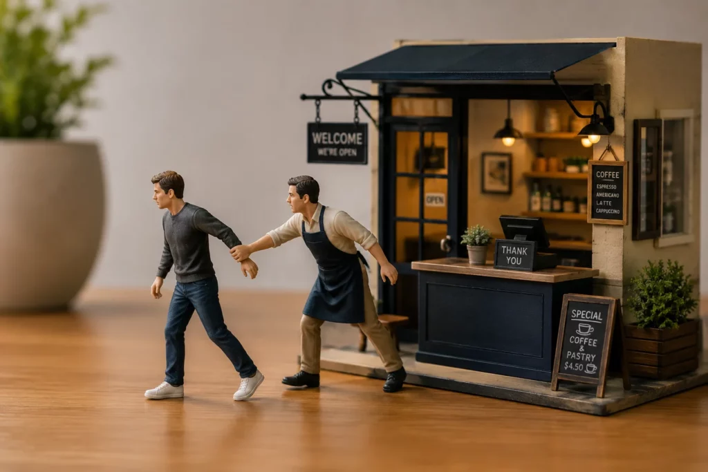 Miniature store clerk figure reaching out to stop a leaving customer — illustrating the importance of customer retention strategy for Shopify stores