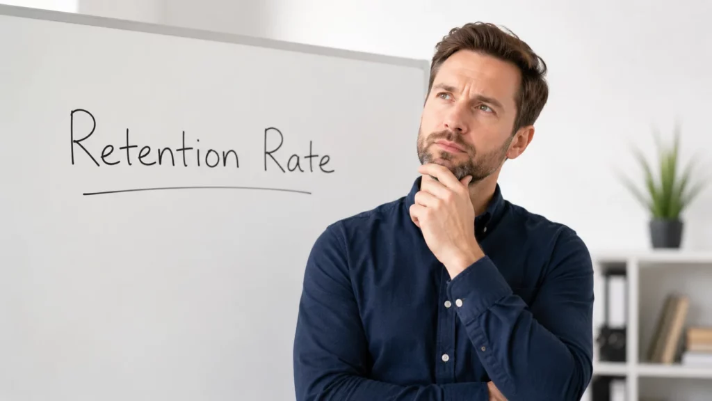 A man standing in front of a whiteboard with "Retention Rate" written on it, looking thoughtful — illustrating the question of what is a good customer retention rate for Shopify stores